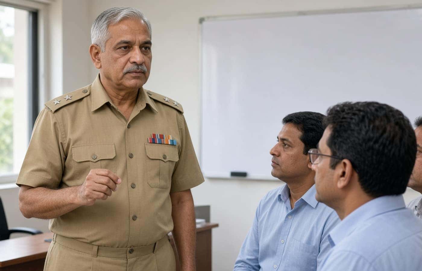 Army-veteran style operations leader briefing staff in Gurugram