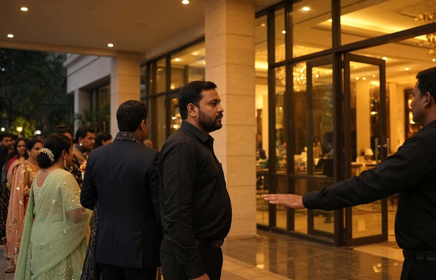 Event security managing a wedding guest queue in Gurugram