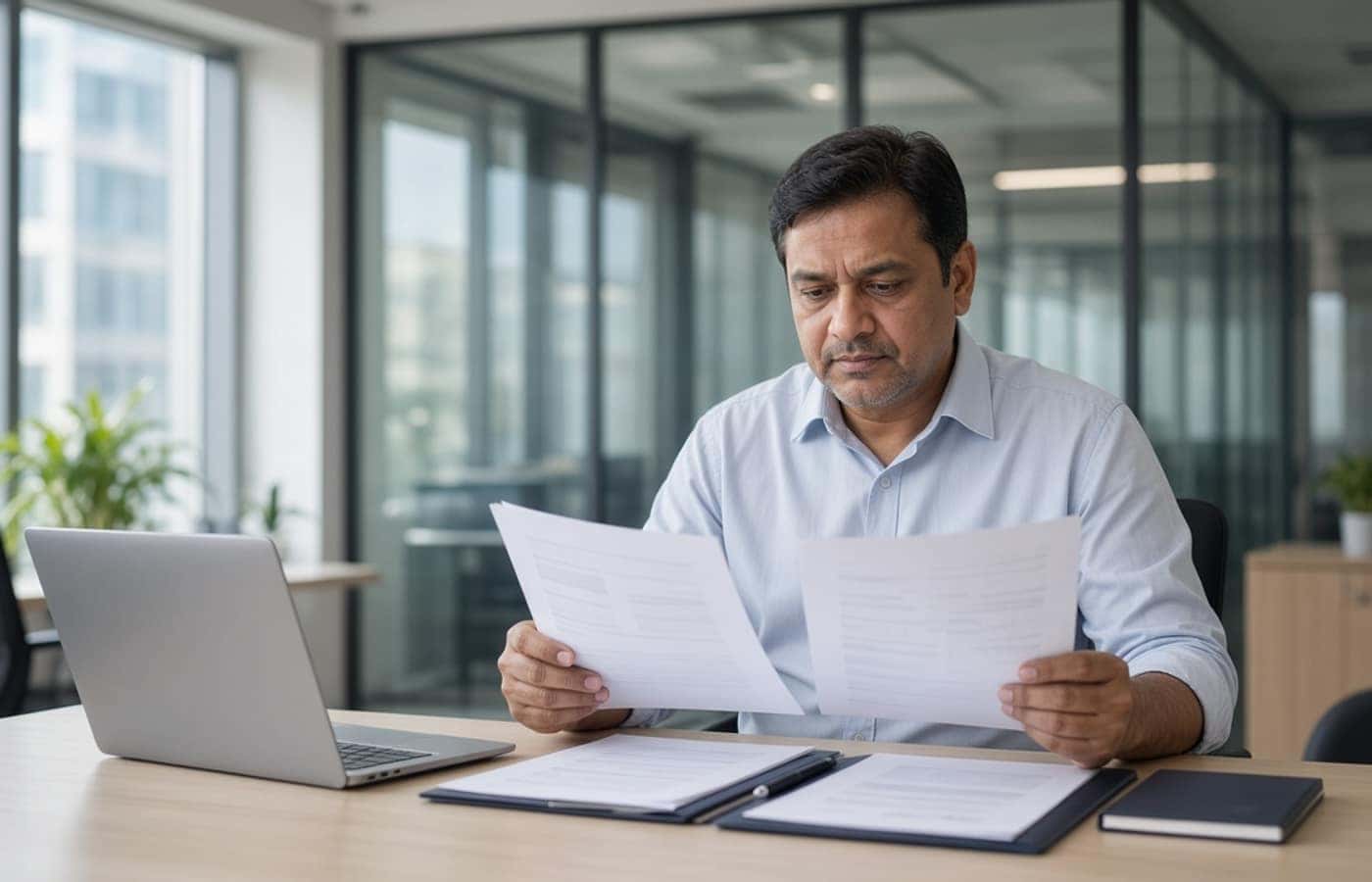 Facility manager reviewing security agency proposals in Gurugram