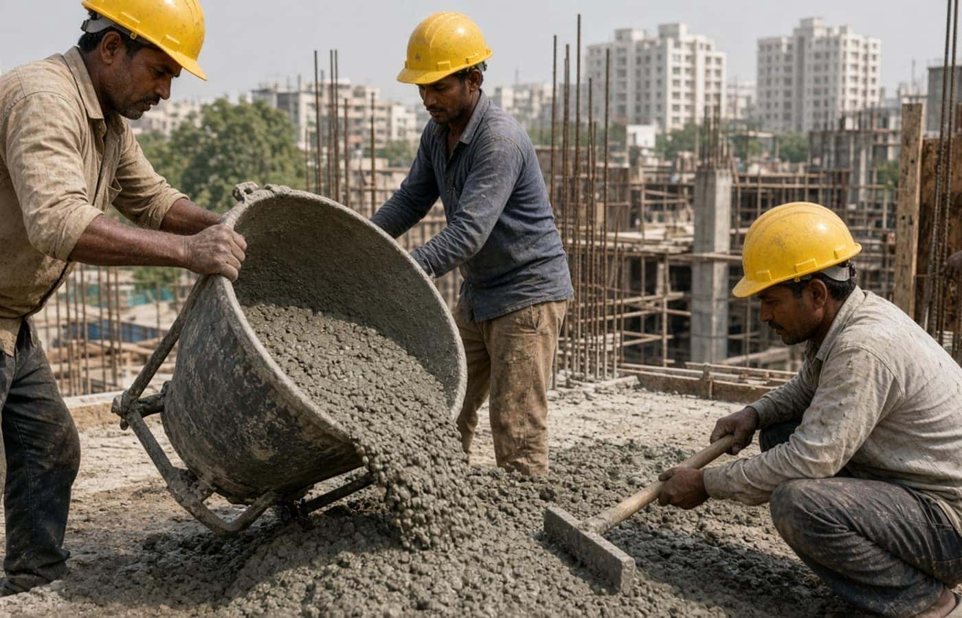 Indian construction workers on a Noida building site