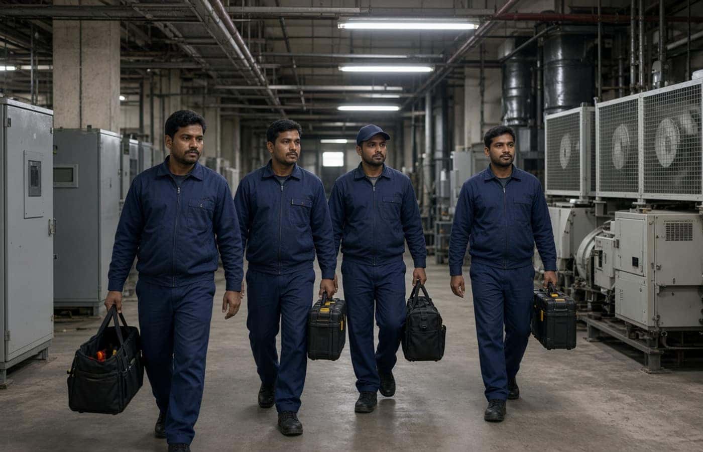 Facility management technicians in a Gurugram office plant room