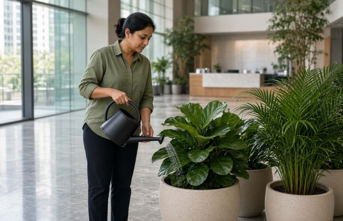 Horticulture staff watering indoor plants in a Gurugram office lobby