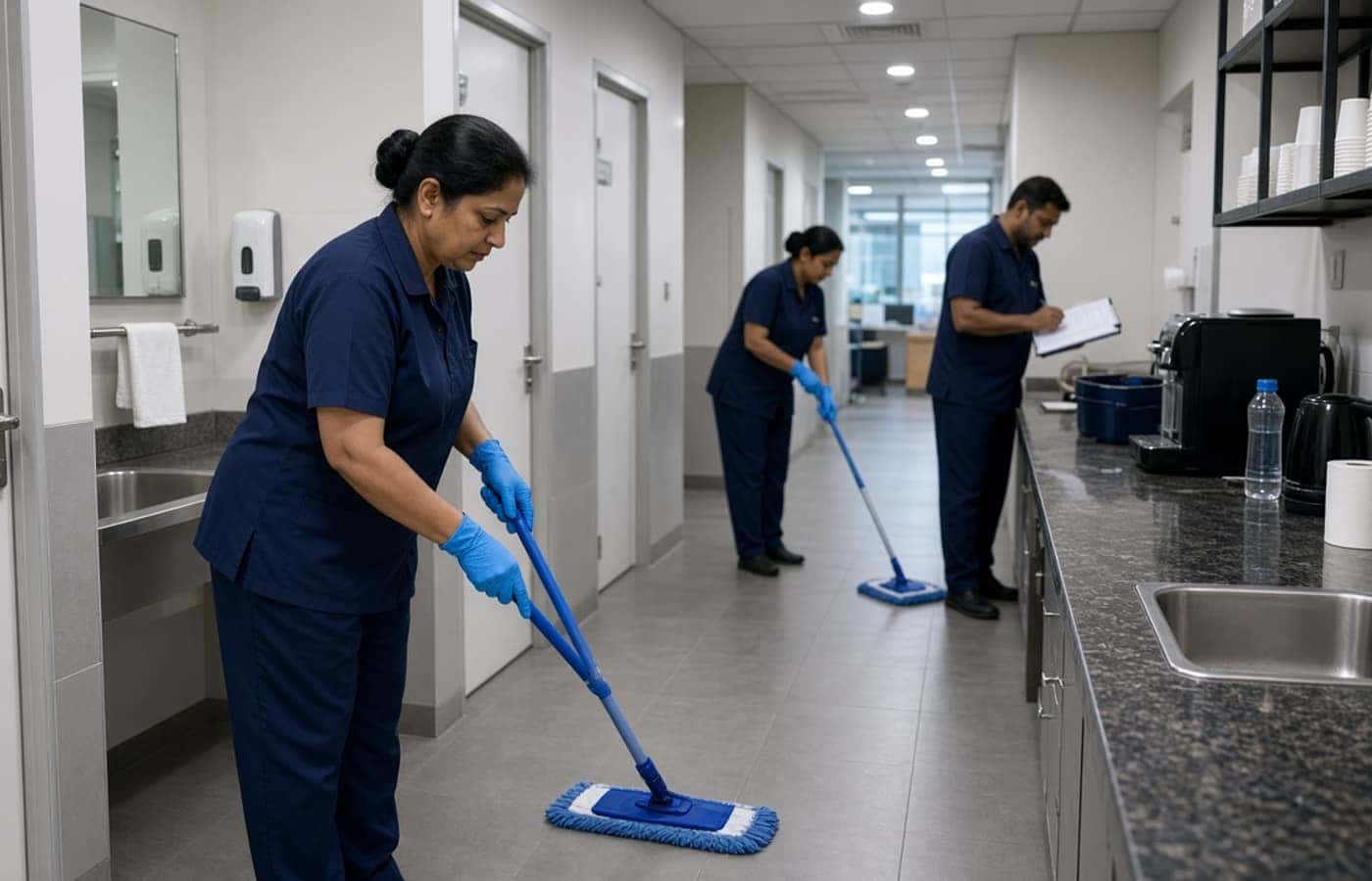 Housekeeping staff with checklist in a Noida corporate office