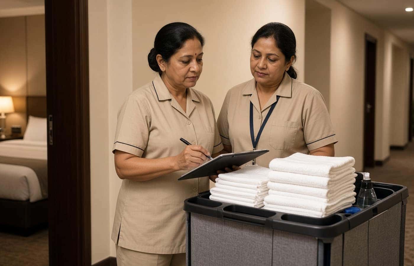 Housekeeping supervisors checking hotel room standards in Gurugram