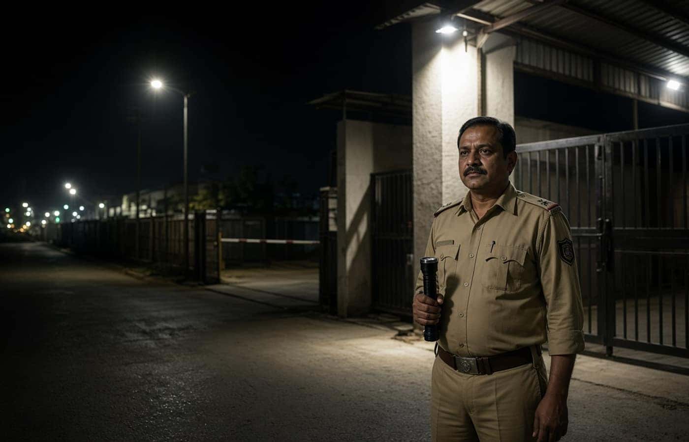 Night shift security guard at a Gurugram warehouse gate
