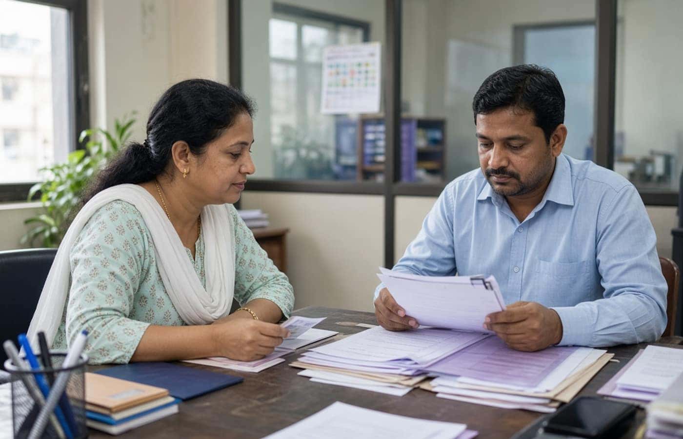 Staff verifying security documents in a Gurugram agency office