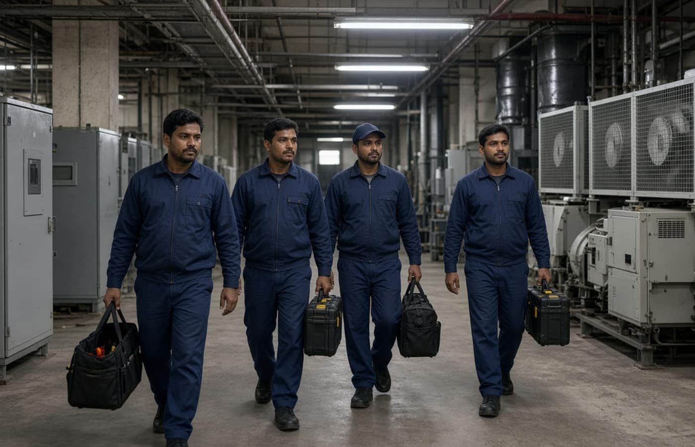 Facility management technicians in a Gurugram office plant room