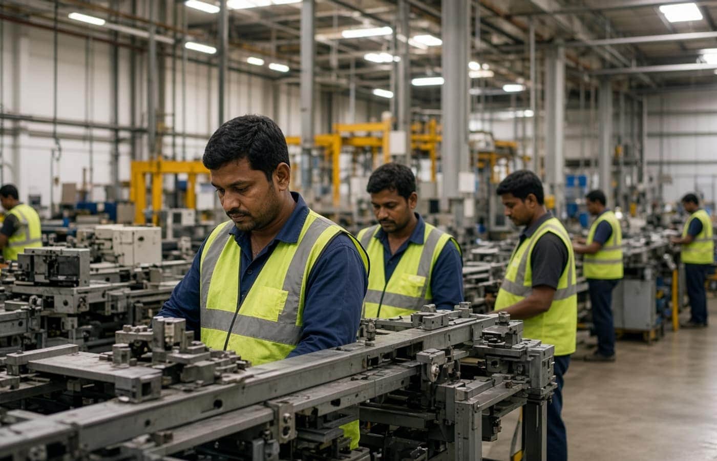 Factory workers on a production floor in IMT Manesar