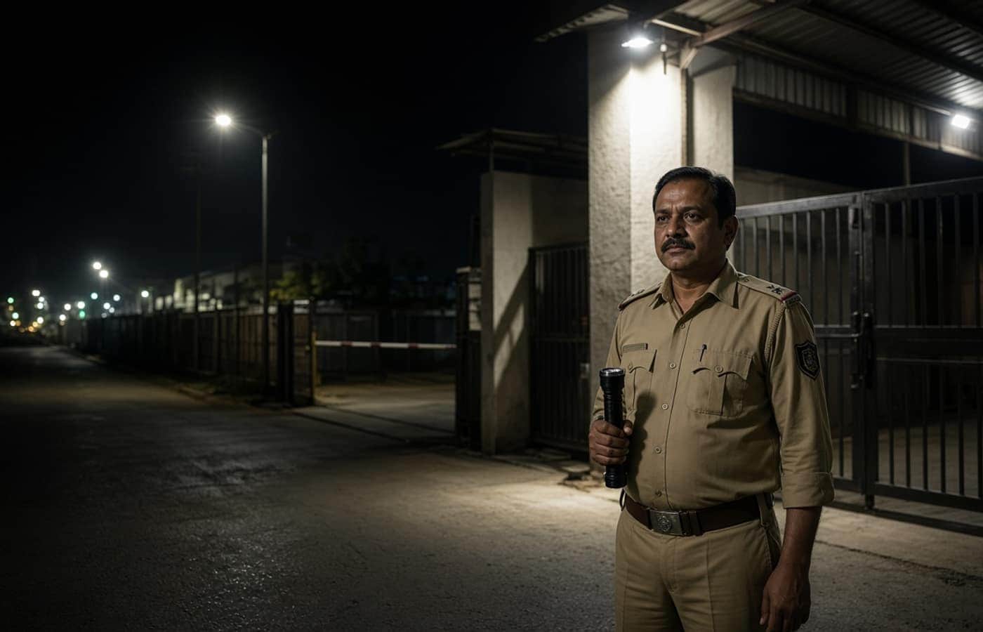 Night shift security guard at a Gurugram warehouse gate