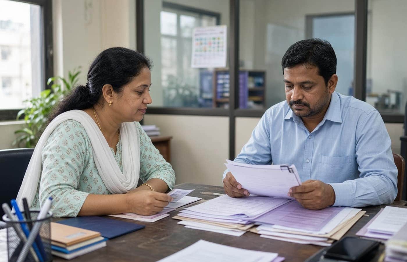 Staff verifying security documents in a Gurugram agency office