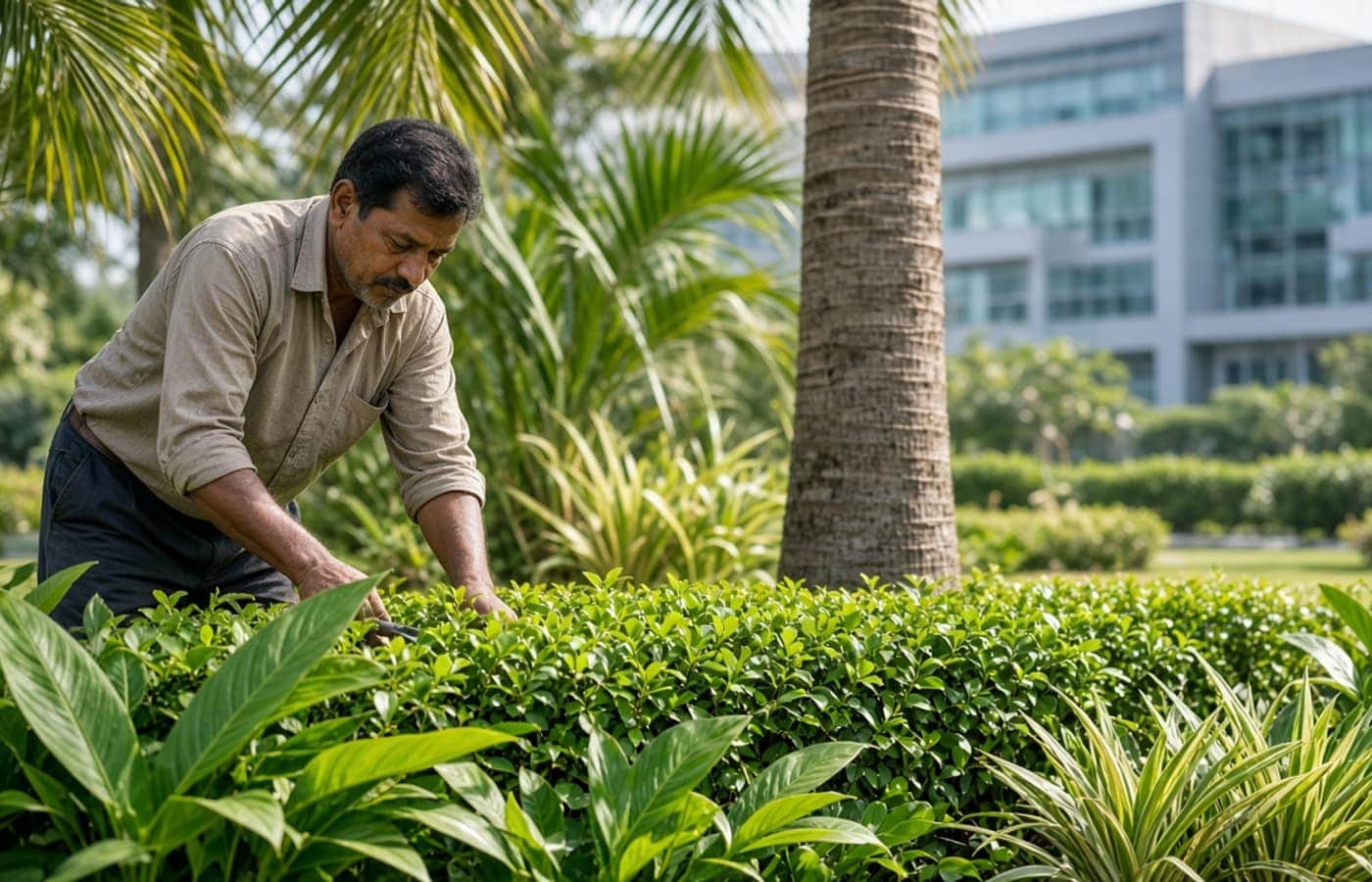 Gardener maintaining a corporate campus garden in Gurugram