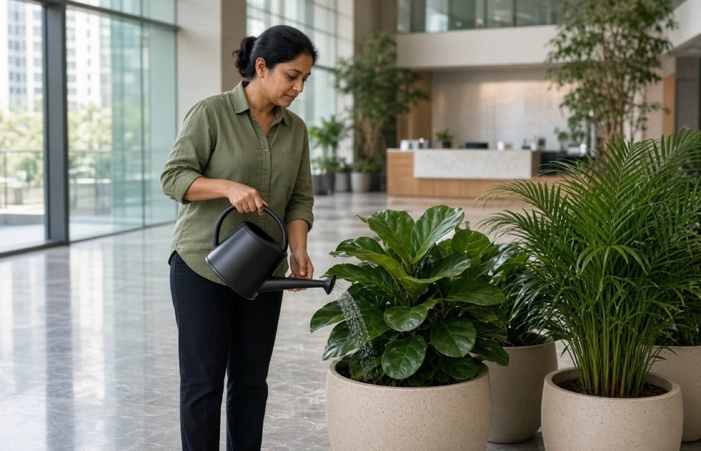 Horticulture staff watering indoor plants in a Gurugram office lobby