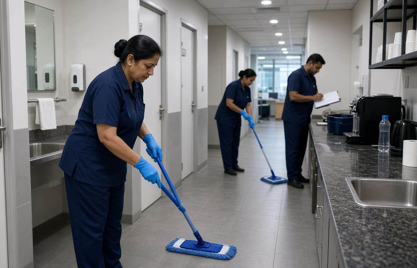 Housekeeping staff with checklist in a Noida corporate office