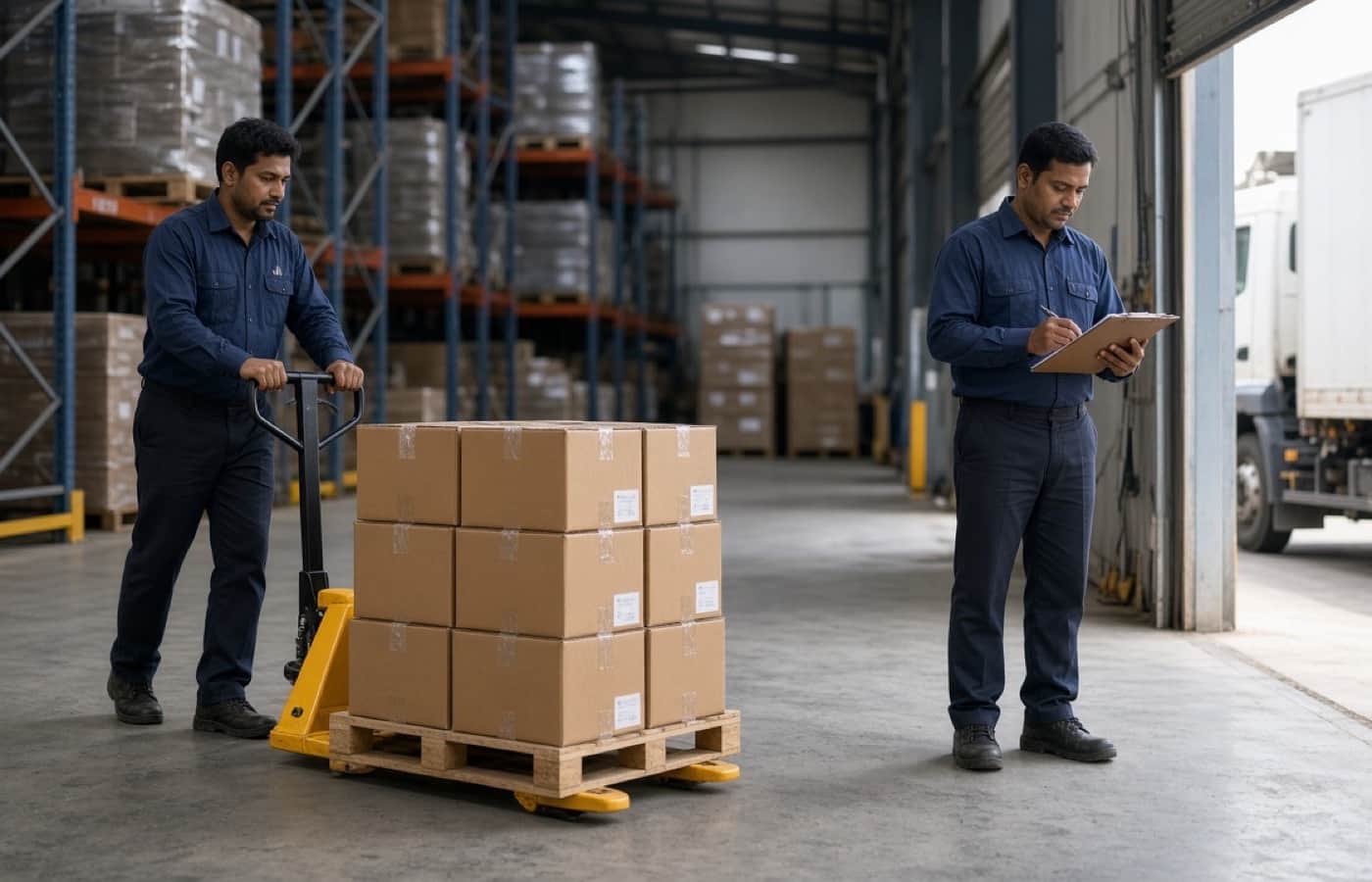 Warehouse helpers moving cartons at a Delhi NCR loading dock
