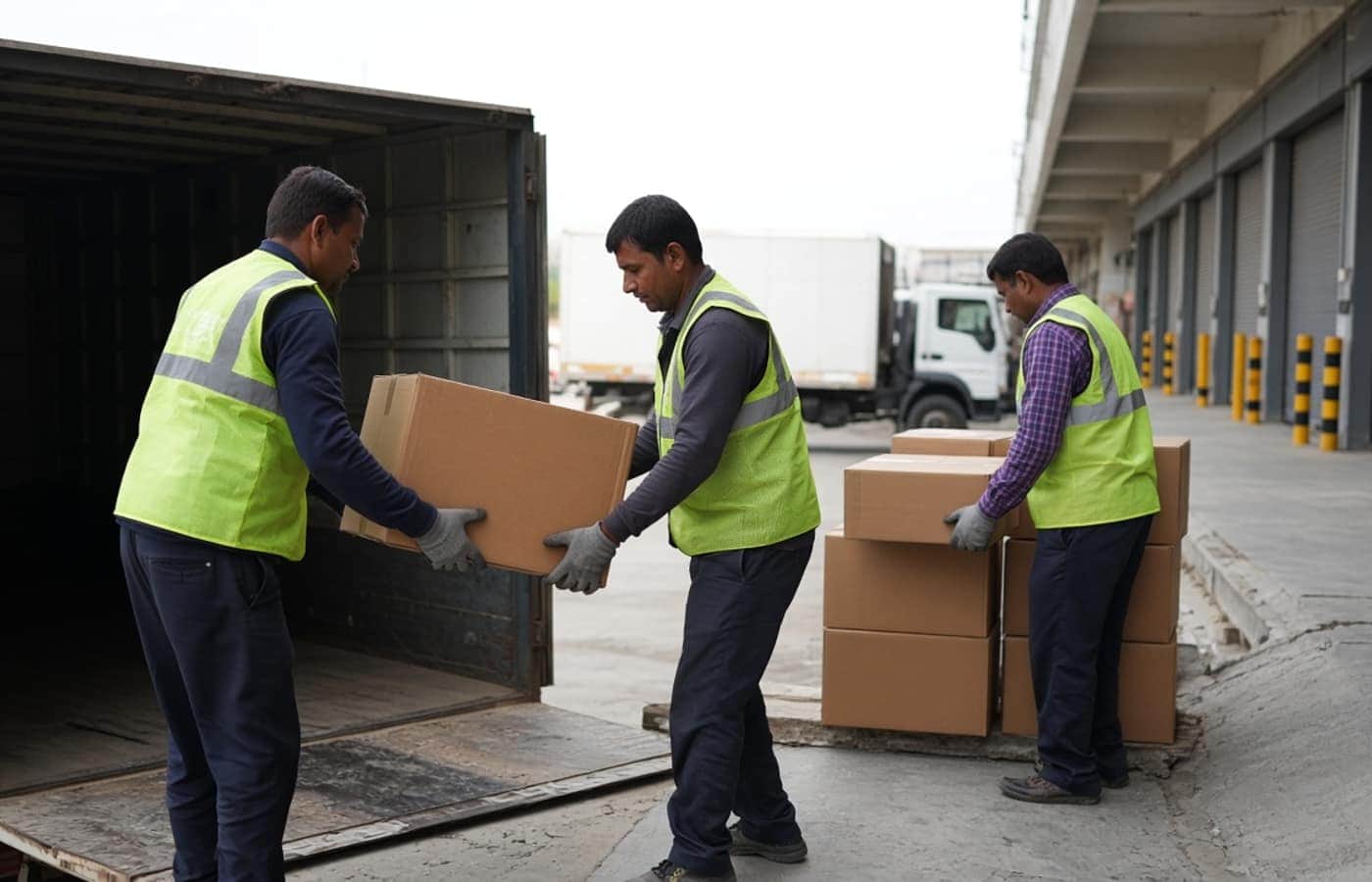 Indian industrial labour helpers at a Manesar warehouse