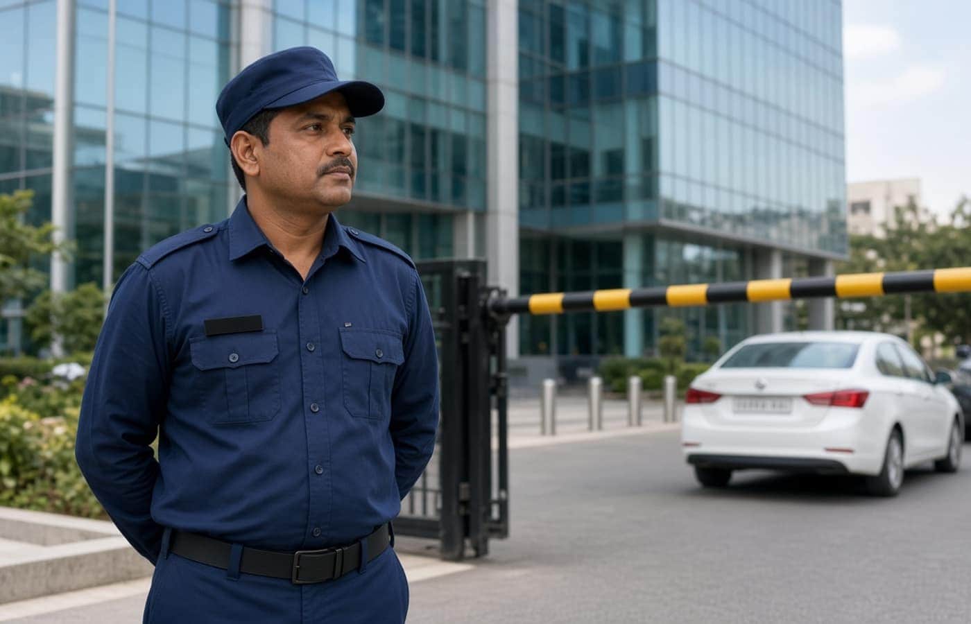 Indian security guard at a Gurugram corporate facility gate