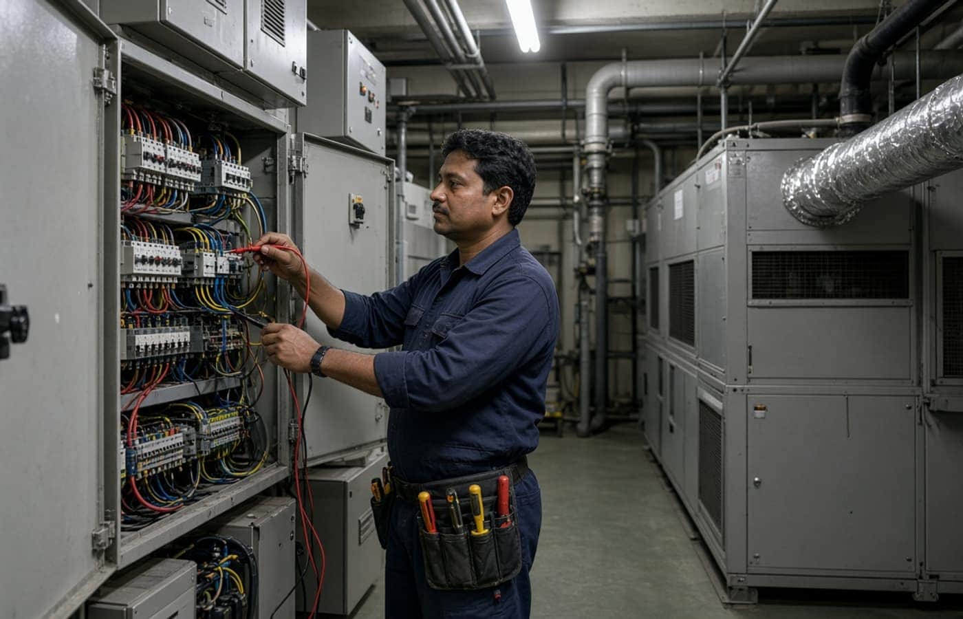 Indian facility technician checking systems in Delhi NCR